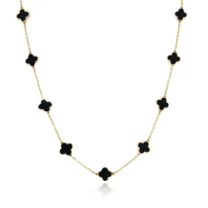 14K Gold Onyx Clover Station Necklace