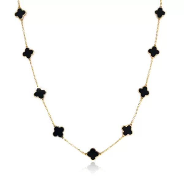 14K Gold Onyx Clover Station Necklace