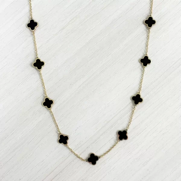 14K Gold Onyx Clover Station Necklace - Image 2