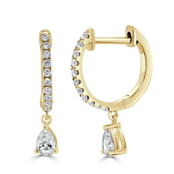 14K Gold Pear Shape Diamond Huggie Dangle Earrings